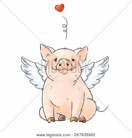 Hand Drawn Naughty Pig With Angel Wings. Cute Funny Piglet And Heart Isolated On White Background. R