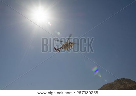 Dead Sea, Tamar District, Israel 2.11.2018. Rescue Helicopter Landing For The Transport Of Dehydrate
