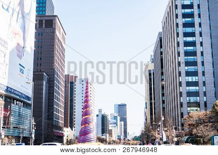Seoul, Korea - February 17,2018: Sideways At Cheonggyecheon Stream Park Surrounded By Tall Buildings