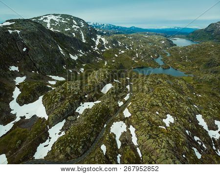 Aerial View. Norway Landscape. Road And Lakes In Stony Rocks Mountains. Norwegian National Tourist S