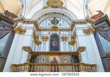 Valencia, Spain - Octuber 14, 2016: Paintigs And Decorations In The Choir Organ Area Of ​​the  Cathe