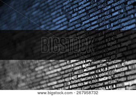 Estonia Flag  Is Depicted On The Screen With The Program Code. The Concept Of Modern Technology And 