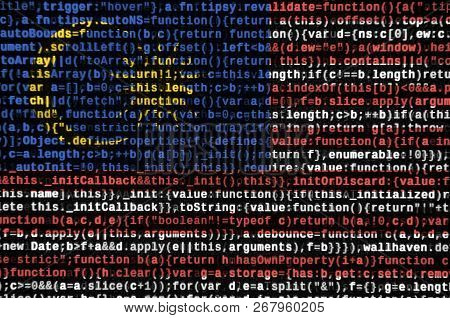 Malaysia Flag  Is Depicted On The Screen With The Program Code. The Concept Of Modern Technology And