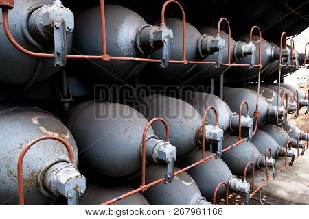 Helium High Capacity Gas Cilinders. Tanks With Compressed Gas For Industry. Liquefied Oxygen Product