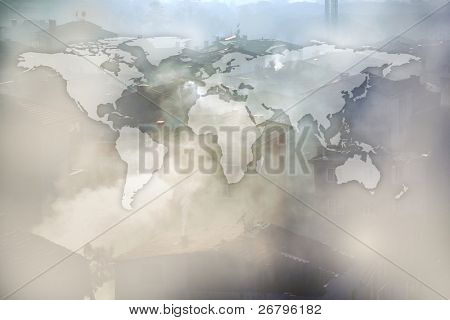 immagine di inquinamento mappa e aria mondo piatto di case e di fumo