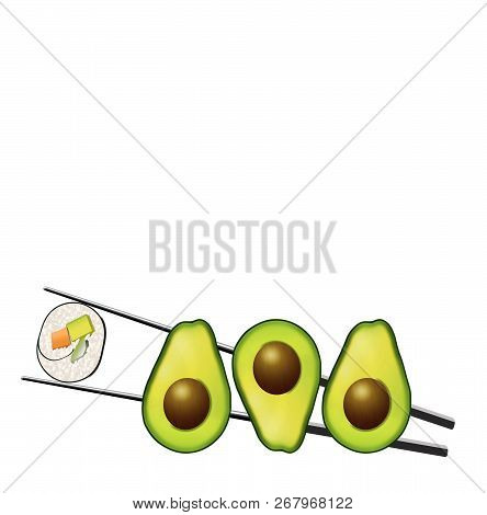 Avocado Halves With Pits Are Seen Next To A Sushi Roll That Contains Carrot, Avocado And Cucumber. A