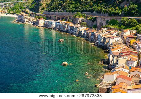 Aerial Top View Of Houses In Small Fishing Village Chianalea Di Scilla From Old Medieval Castle On R