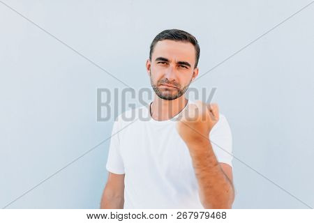 Furious Outraged Caucasian Man Threaten In Anger, Frowns His Face, Keeps Fists, Going To Defend Hims