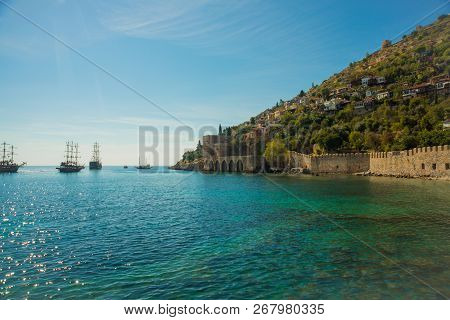 Shipyard Tersane, Alanya Historical Dockyard.ships Sailing On The Sea. Alanya, Antalya District, Tur