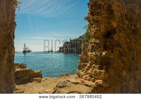 Shipyard Tersane, Alanya Historical Dockyard.ships Sailing On The Sea. Alanya, Antalya District, Tur