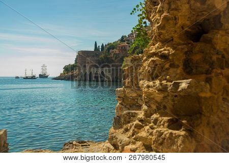 Shipyard Tersane, Alanya Historical Dockyard.ships Sailing On The Sea. Alanya, Antalya District, Tur