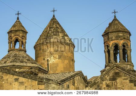 View Of The Roof Of The Monastery With Two Bell Towers And A Drum With An Umbrella Roof Of The Monas