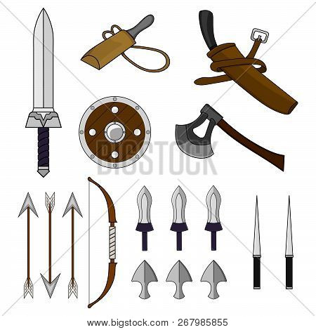 Cartoon Set Of Different Weapons Isolated On White Background. Shield,bow, Axe, Sword, Dagger, Style
