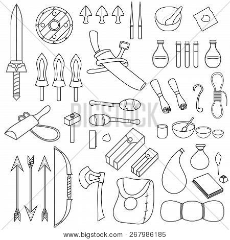 Collection Of 46 Items For Adventure Isolated On White Background. Adventurer Equipments. Medieval W