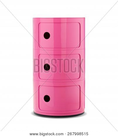 Pink, Rose Metal Chest Of Drawers With Three Boxes. Modern Designer, Commode Isolated On White Backg