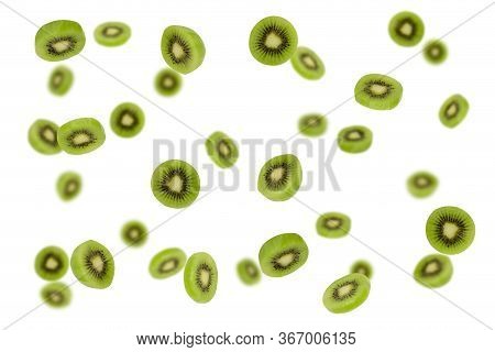 Falling Kiwi Slices Isolated On A White Background With Clipping Path As Package Design Element And 