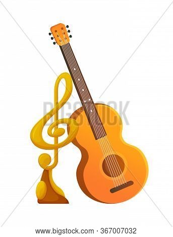 Acoustic String Guitar Musical Instrument Vector, Gold Award In Shape Of Note On Pedestal. Isolated 