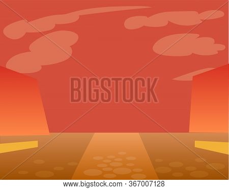 City Street On Sunset Illustration. Vector Empty Road Made From Bricks. Silhouette Of Urban Building