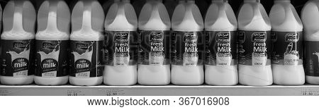Dubai Uae December 2019 Milk Bottles Arranged On Shelves For Sale. Variety Of Sizes. Also Present Fl