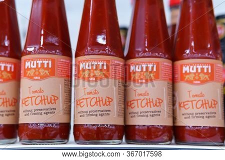 Tyumen, Russia-may 17, 2020: Mutti Tomato Puree Display On Shelf In Supermarket.