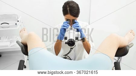 Colposcopy, A Gynecologist Examines The Condition Of The Cervix, Examines The Epithelium Using A Col