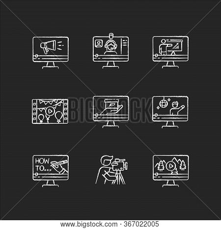 Videography Chalk White Icons Set On Black Background. Web Conference. Internet Blogging. Nature Doc