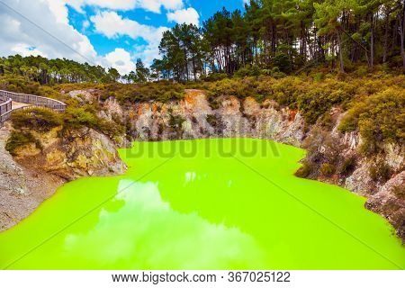 Wai-O-Tapu, Devil's Bath. Volcanic Valley Waimangu. The unique geothermal area of Rotorua. Place where hell appears on earth. New Zealand, North Island. Extreme, exotic and photo tourism concept