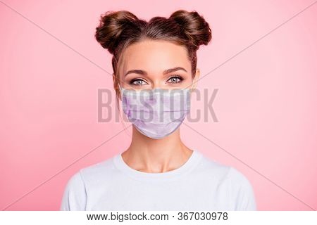 Close-up Portrait Of Her She Nice Attractive Lovable Cute Adorable Winsome Girl With Two Buns Wear W
