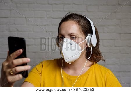Young Woman Wearing Kn-95 Protection Medical Mask. Prevention Of The Spread Of Virus And Epidemic, P