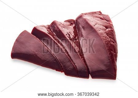 Raw slices of beef livers isolated on a white background