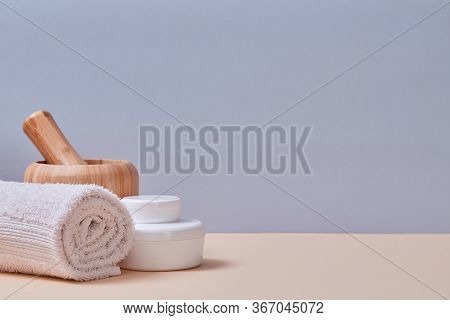 Spa. Wellness Concept. White Towel And Equipment For Relax. Selfcare. Copy Space. Isolated On Pink A