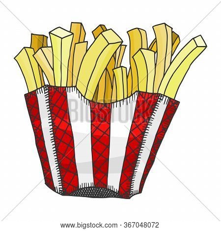 Crispy Fries In A Box. Doodle Sketch Vector Stock