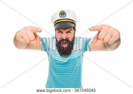 Hey You. Sailor Spirit. Bearded Sailor Pointing Camera Isolated On White. Sailor Or Seaman With Long