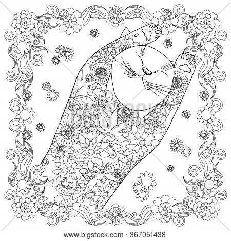 Sleeping Cats Lie On Their Backs In Flowers Fraime. Relax Conception Ink Hand Drawn Stock Vector Ill