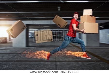 Courier With Fiery Feet Has A Lot Of Boxes To Delivery. Emotional Expression.