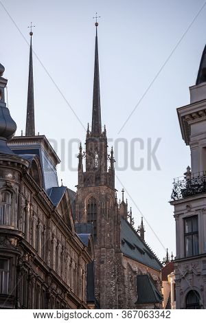 Brno Cathedral Of Saints Peter And Paul, Seen From The Bottow Of Petro Hill, At Dusk. Also Called Ka