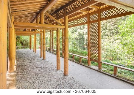 The Chinese tranditional long Corridor for leisure on mountaineering road, viewed from inside, Sanming,Fujian,China
