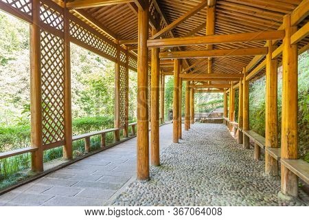 The Chinese tranditional long Corridor for leisure on mountaineering road, viewed from inside, Sanming,Fujian,China