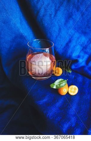 Home Made Cocktails Ingredients And Old Fashioned Drinl On Blue Fabric Drapery. For Social Media Net