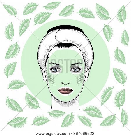 Face care at home. Herbal face mask, green tea. Care of themselves, getting pleasure from the fact that you're home. Vintage prints stylized drawing. 