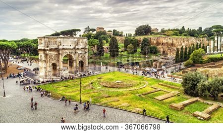 Rome Cityscape, Urban Landscape With Tourist Attractions Arch Of Constantine And Palatine Hill, Pano