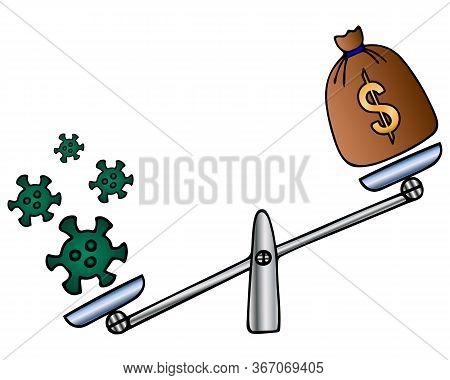 Coronavirus And Bag With Us Dollars. The Virus Is Heavier. Balance Balance For Weighing Economic Dec