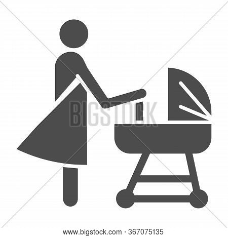 Mother With Pram Solid Icon, Motherhood Concept, Baby Carriage Sign On White Background, Mom With Ne