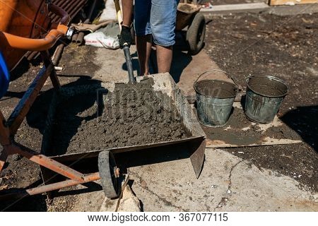 Work With Cement Mortar, Pouring Cement Mortar Wall, Foundation And Floor.