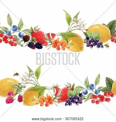 Beautiful Vector Seamless Berry Pattern With Watercolor Hand Drawn Fruits Paintings. Stock Illustrat