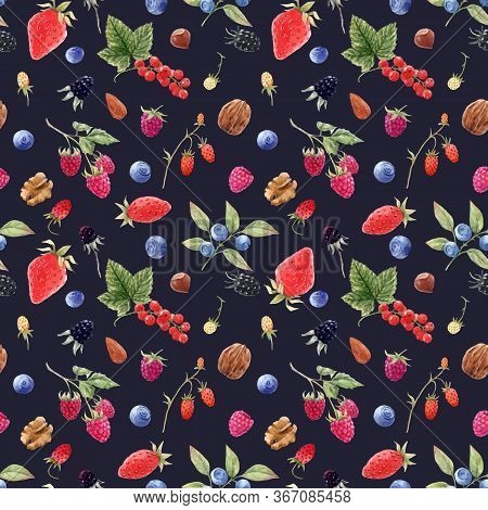 Beautiful Vector Seamless Pattern With Watercolor Hand Drawn Berry Paintings. Stock Illustration.