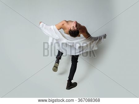 Stylish Man With Bare Chest Wear Shirt. Male Fashion And Trend. Macho Man. Trendy Guy Model. Fit Bod