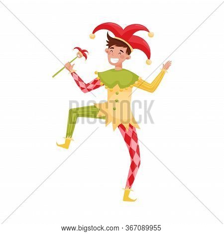 Medieval Jester Character In Bright Clownish Clothing Vector Illustration