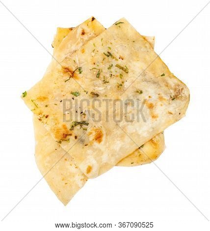 Indian Cuisine - Pieces Of Garlic Naan (garlicky Flatbread) Isolated On White Background