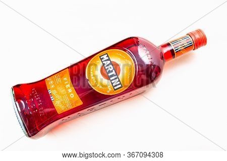 Moscow, Russia - May 10, 2020: Full Bottle Of Martini Fiero On Light Brown Board. Martini Is Classic